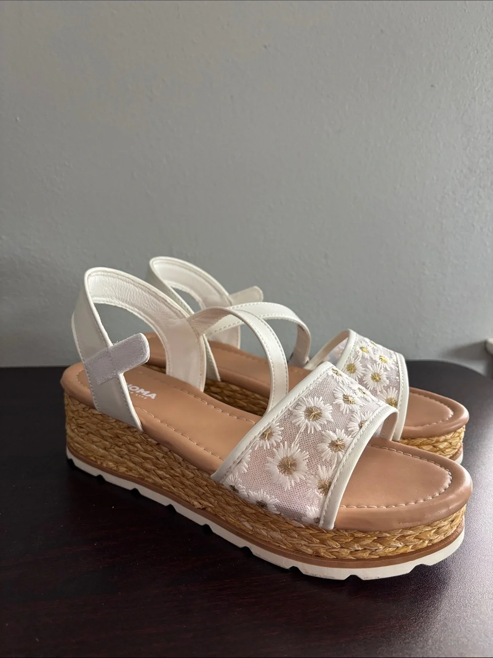 Girls White Daisy Espadrille Wedge Sandals with Ankle Strap